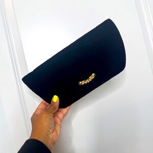 Vintage 1950s Black Velvet Foldover Clutch with Gold Tone and Pearl Details
